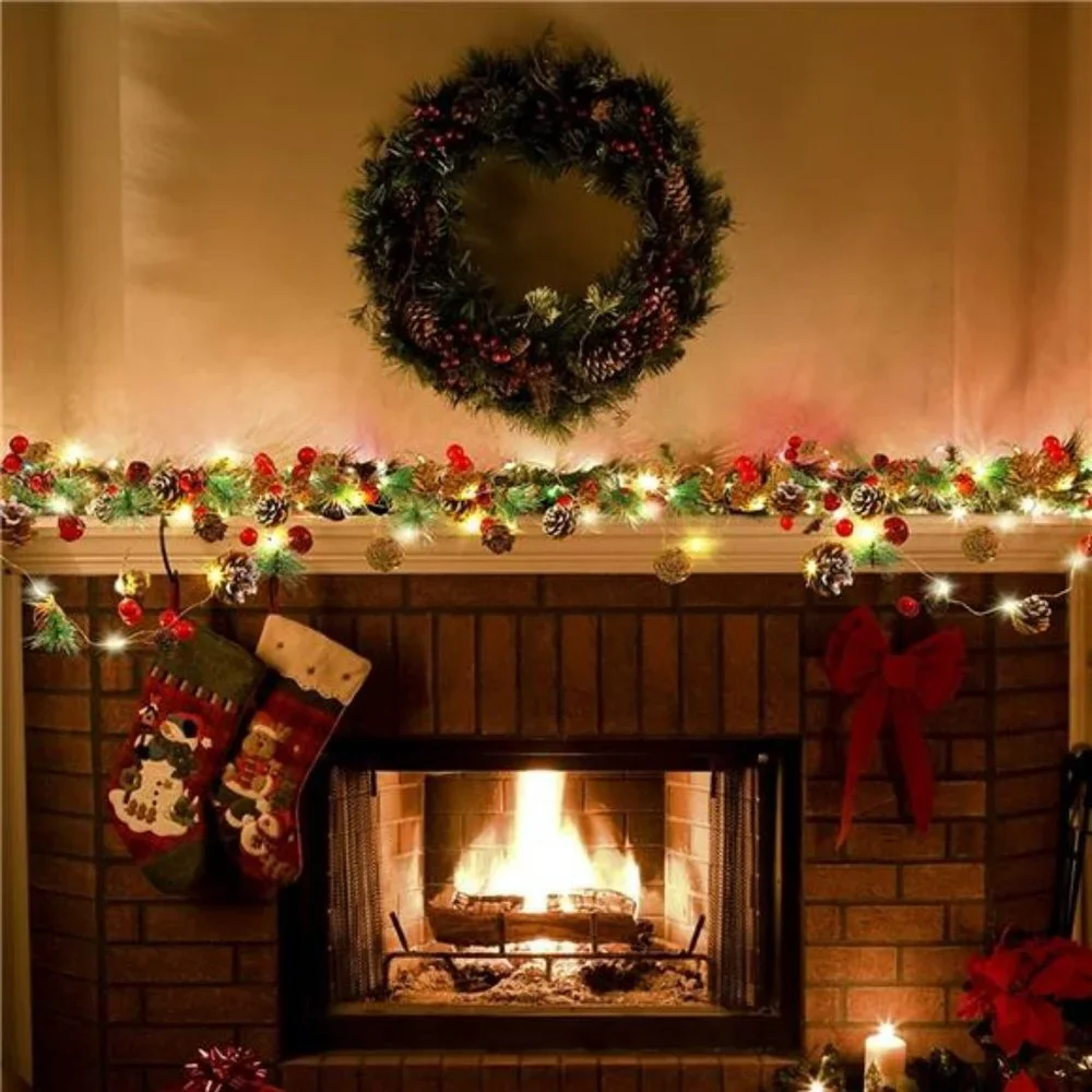 Christmas Decoration Pine Cone Red Berry Garland Lights Battery Powered
