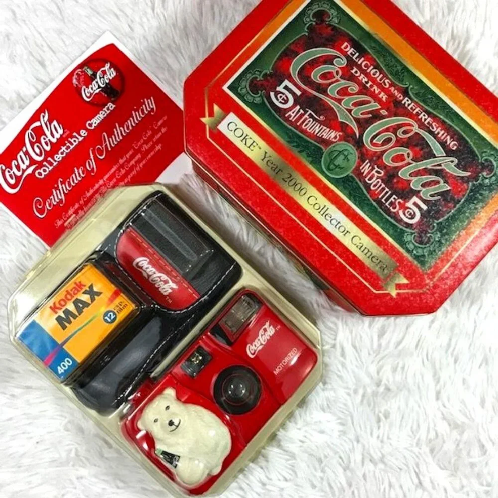 Vintage Coca-Cola Motorized 35mm Collectible Camera + Film + Pouch + Tin Set