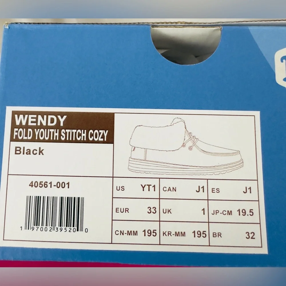 Hey Dude Wendy Black Fold Stitch Cozy Shoes Youth T (Little Boy) 1 New in box!