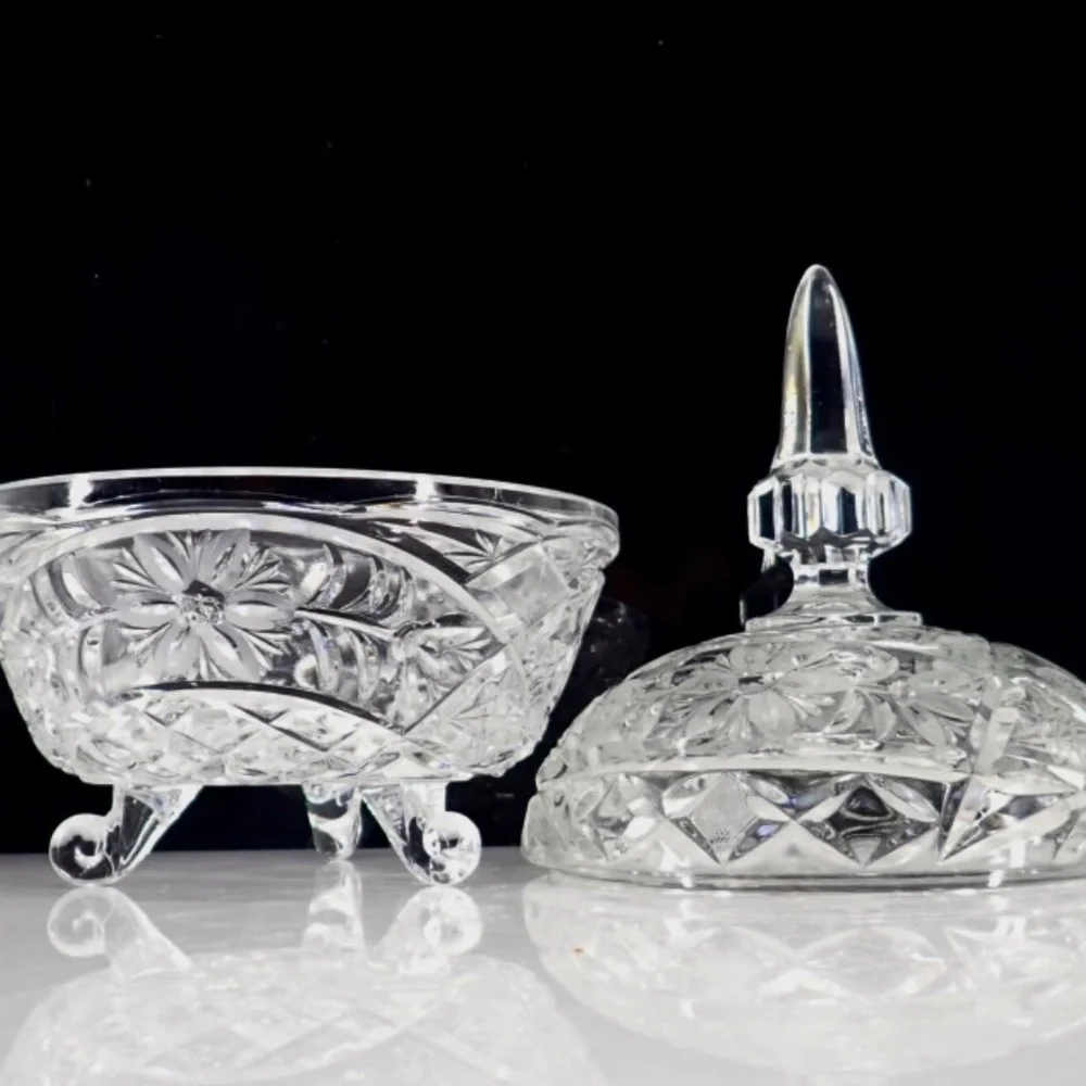Cut Crystal Lidded Compote Candy Dish Three Footed 2 pc Floral Cut Bowl Vtg 60's
