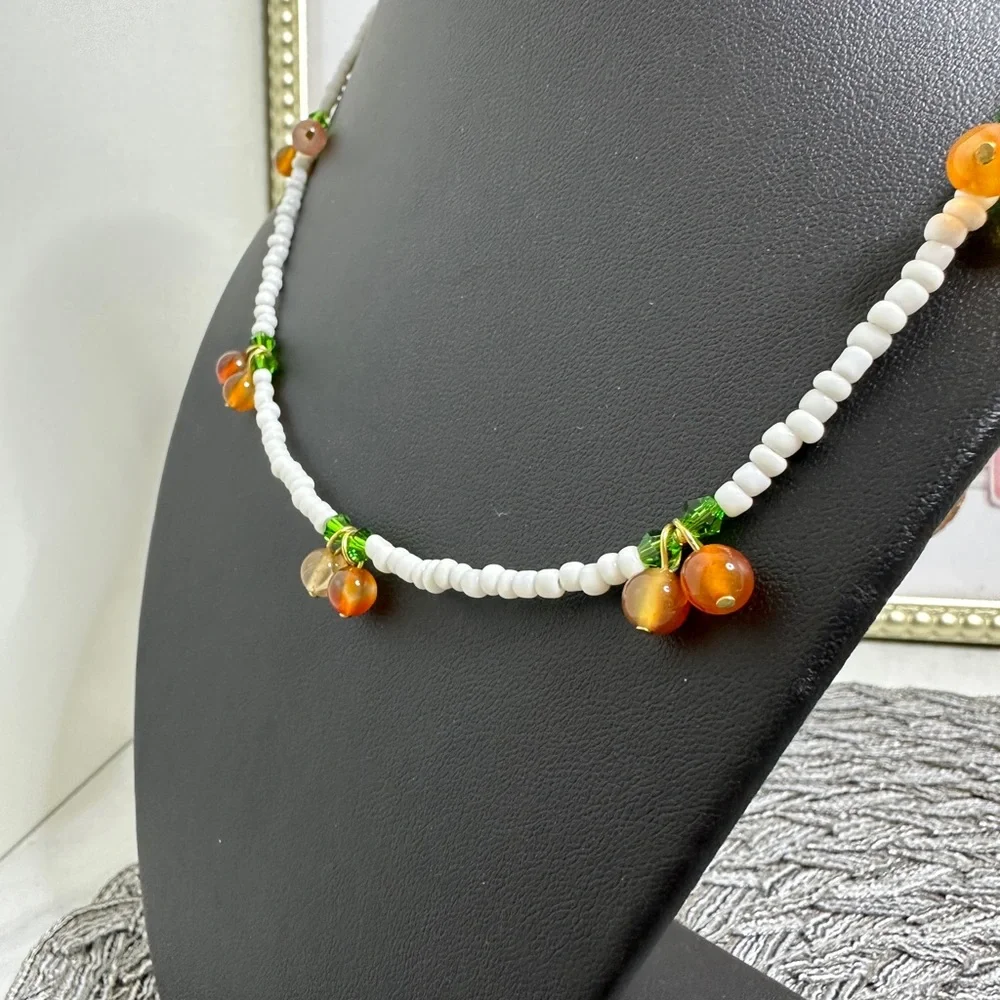 Natural Agate Fruity Beaded Necklace with seed beads