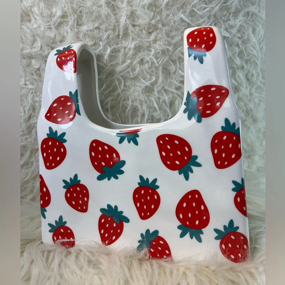 White Ceramic Handbag Decor w/Strawberry Detailing Approx:7