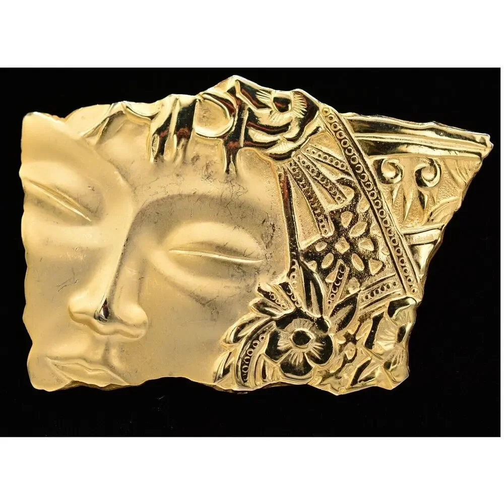 JJ Vintage Pin Brooch Asian Abstract Statue Brushed Gold Signed 1980s BinAJ