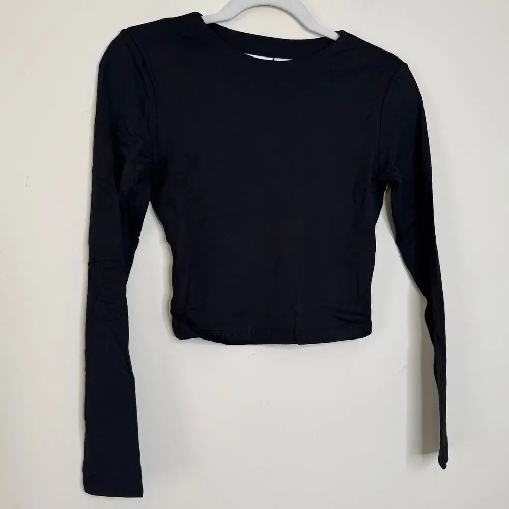 Susana Monaco Long Sleeve Crewneck Crop Top - Black NWT Size Large