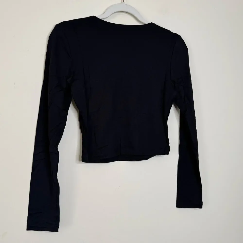 Susana Monaco Long Sleeve Crewneck Crop Top - Black NWT Size Large
