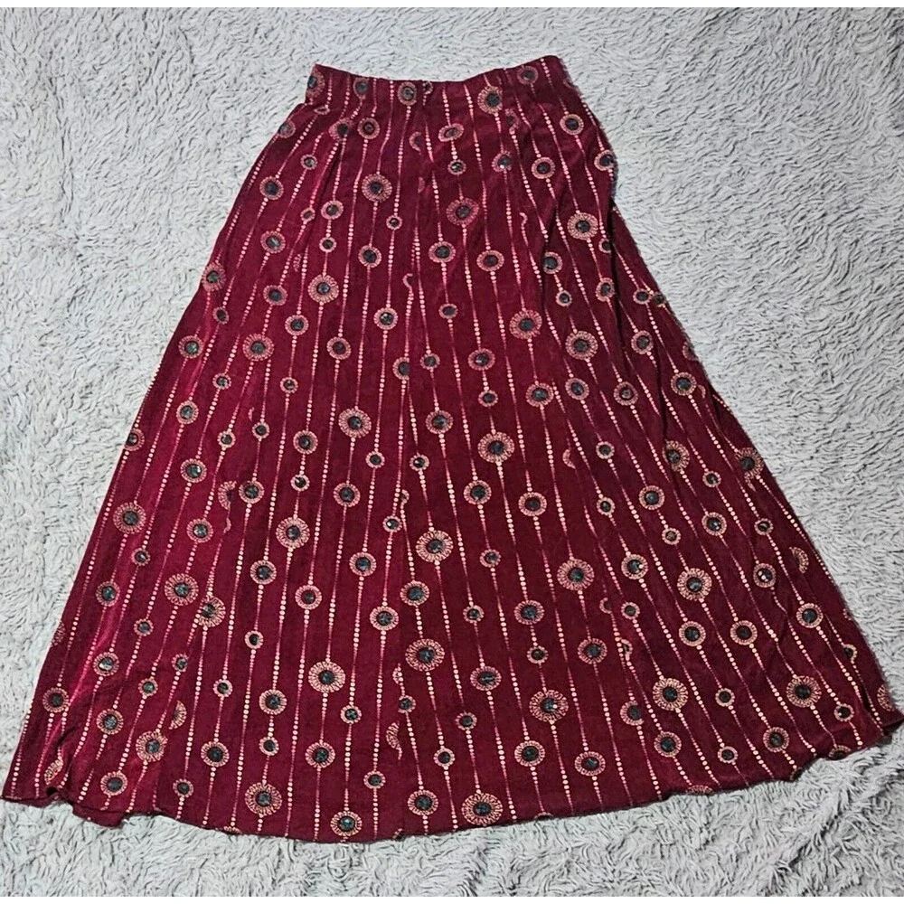 Vtg Maxi Skirt Womens S Burgundy Boho 90s Y2K Flowy Lagenlook Gypsy