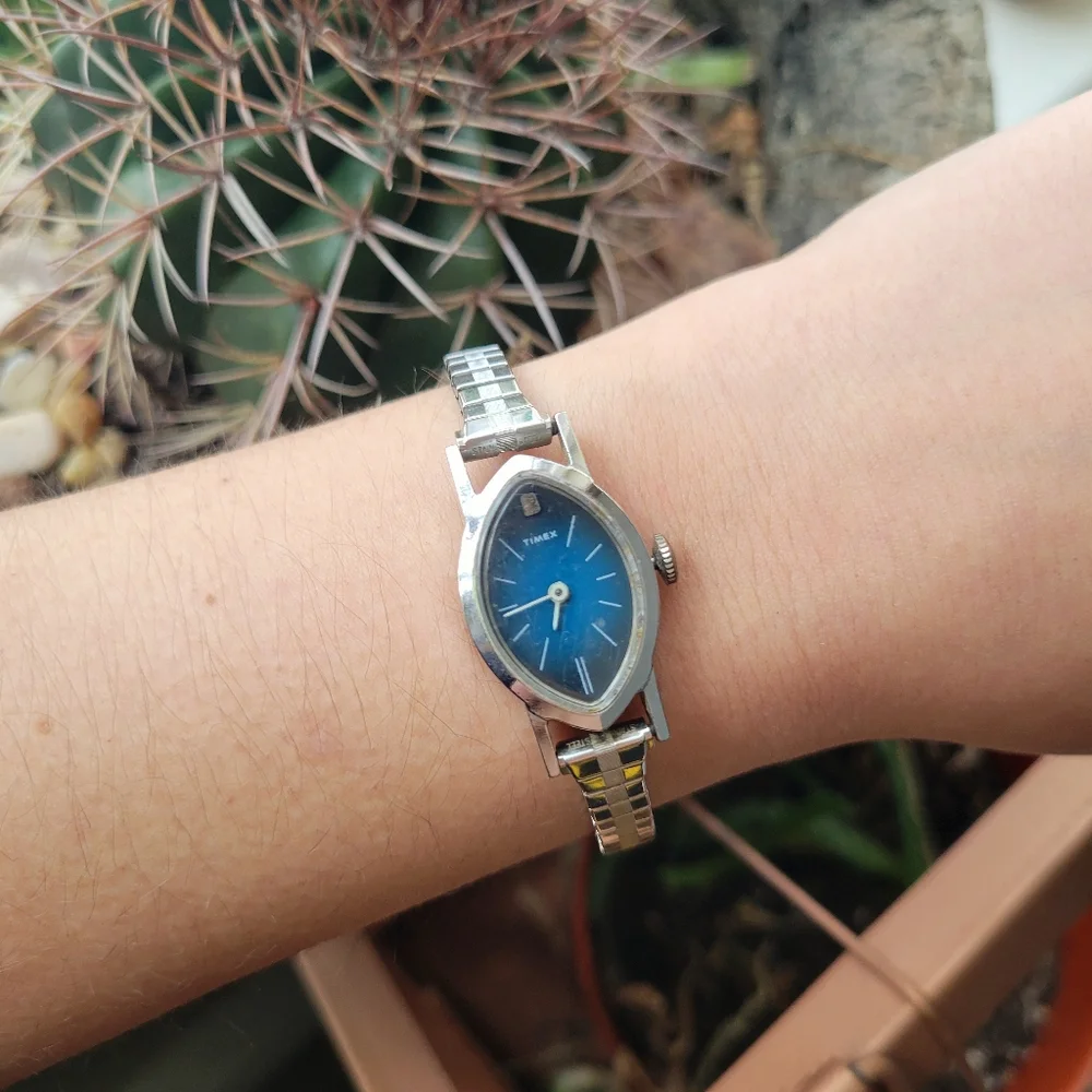 Vintage Timex Marquise Dainty Silver & Navy Blue Classic Stretch Watch