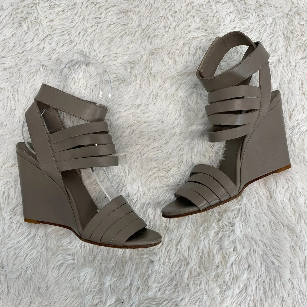 Vince. Gray Strappy Hook Loop Closure Wedges Size 6