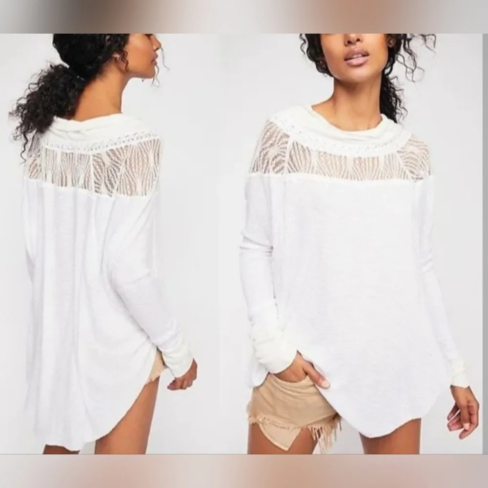 Free People Spring Valley Lace Waffle Top 100%Rayon Ivory/Off Whit Oversized M/L