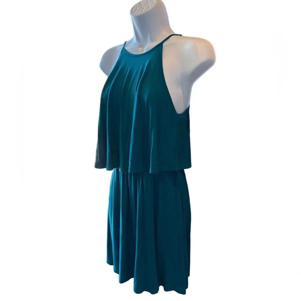 American Eagle Aqua Dress Spaghetti Straps Ruffle Top Open Back Halter Size XS