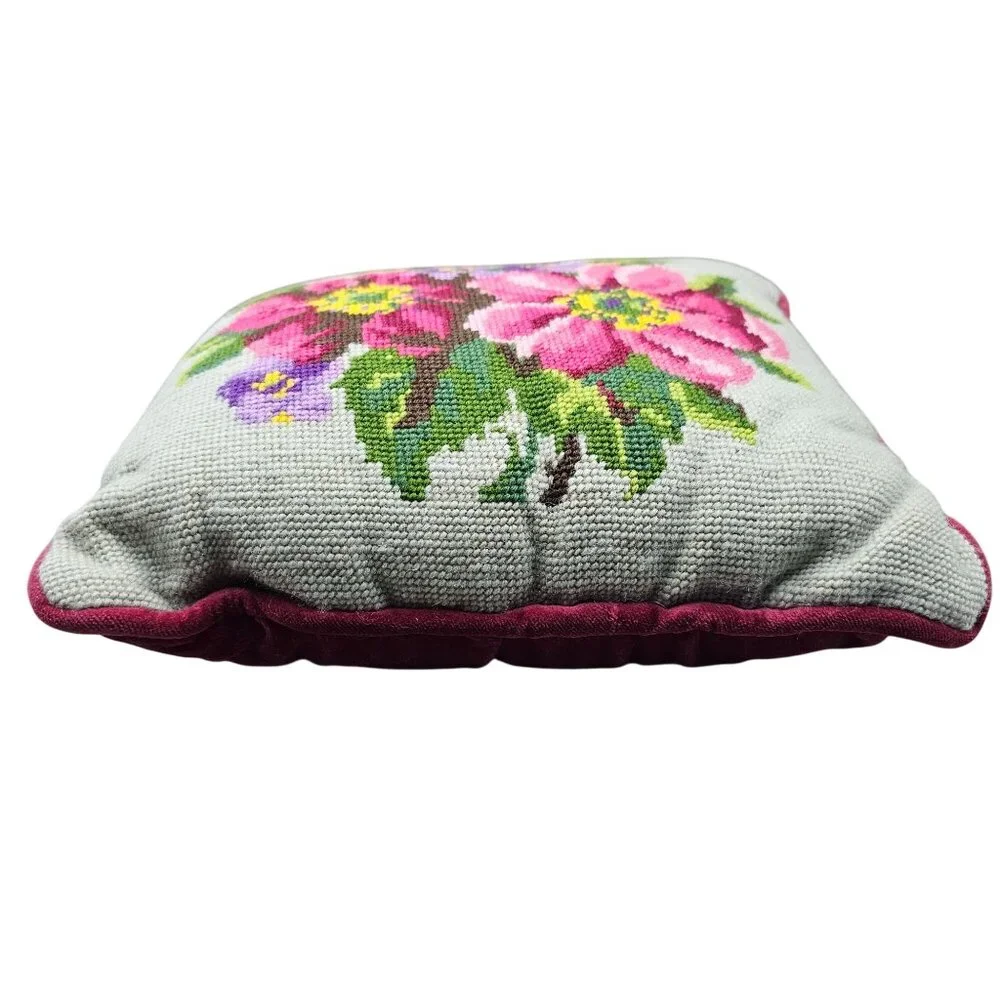 Vintage Floral Needlepoint Throw Pillow With Velvet Backing 11
