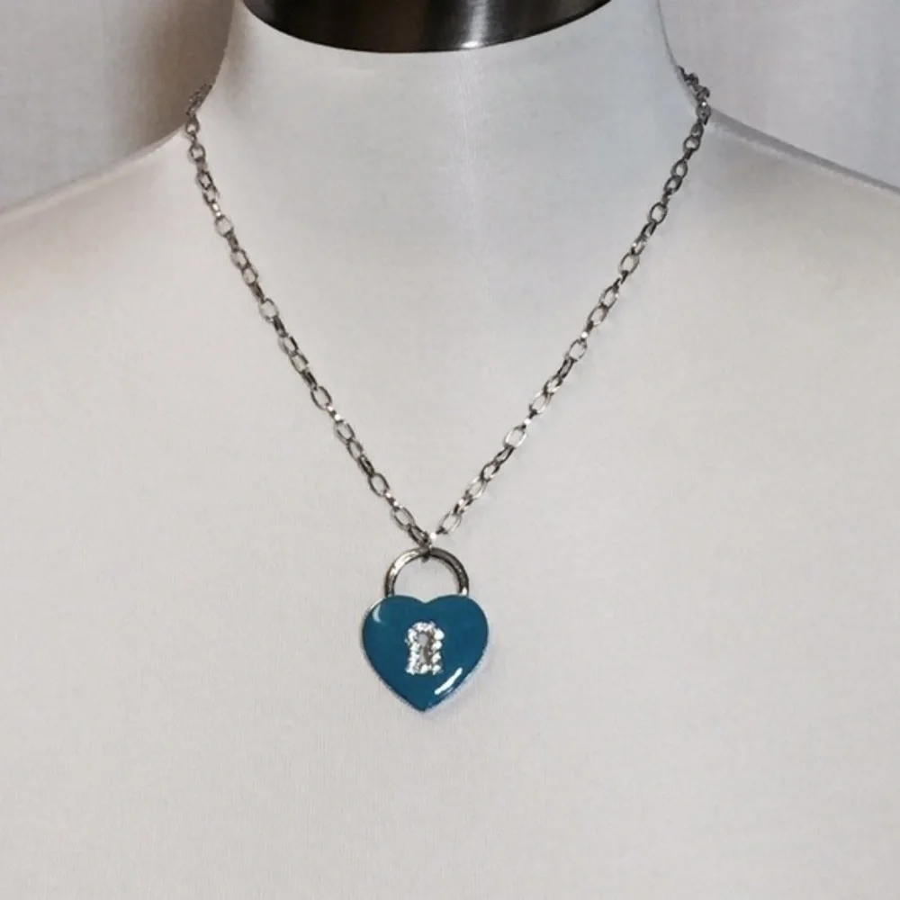 Blue Heart with a Key Hole Jewelry Necklace