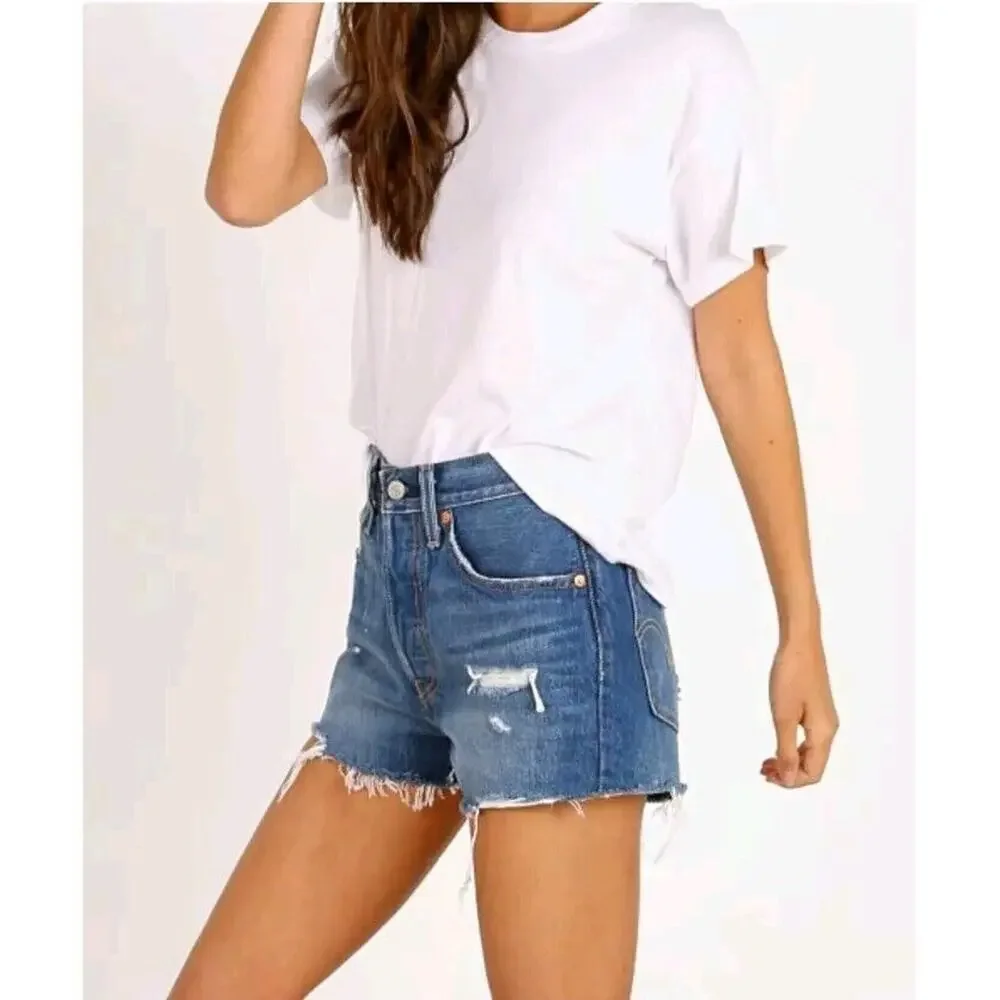 Levi's 501 High Rise Button Fly Distressed Shorts in Drive Me Crazy Size 26