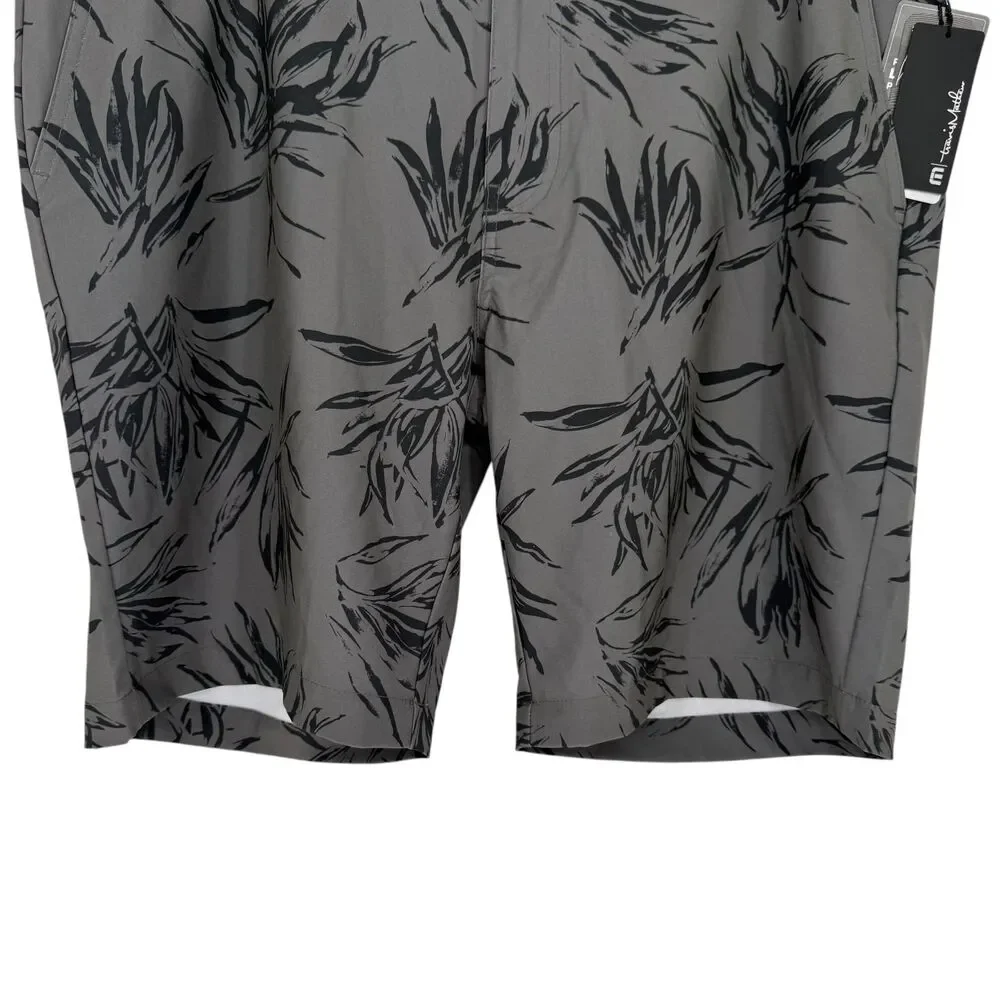 TravisMathew Golf Shorts 36 Grey Leaf Print Performance Stretch Pockets Resort