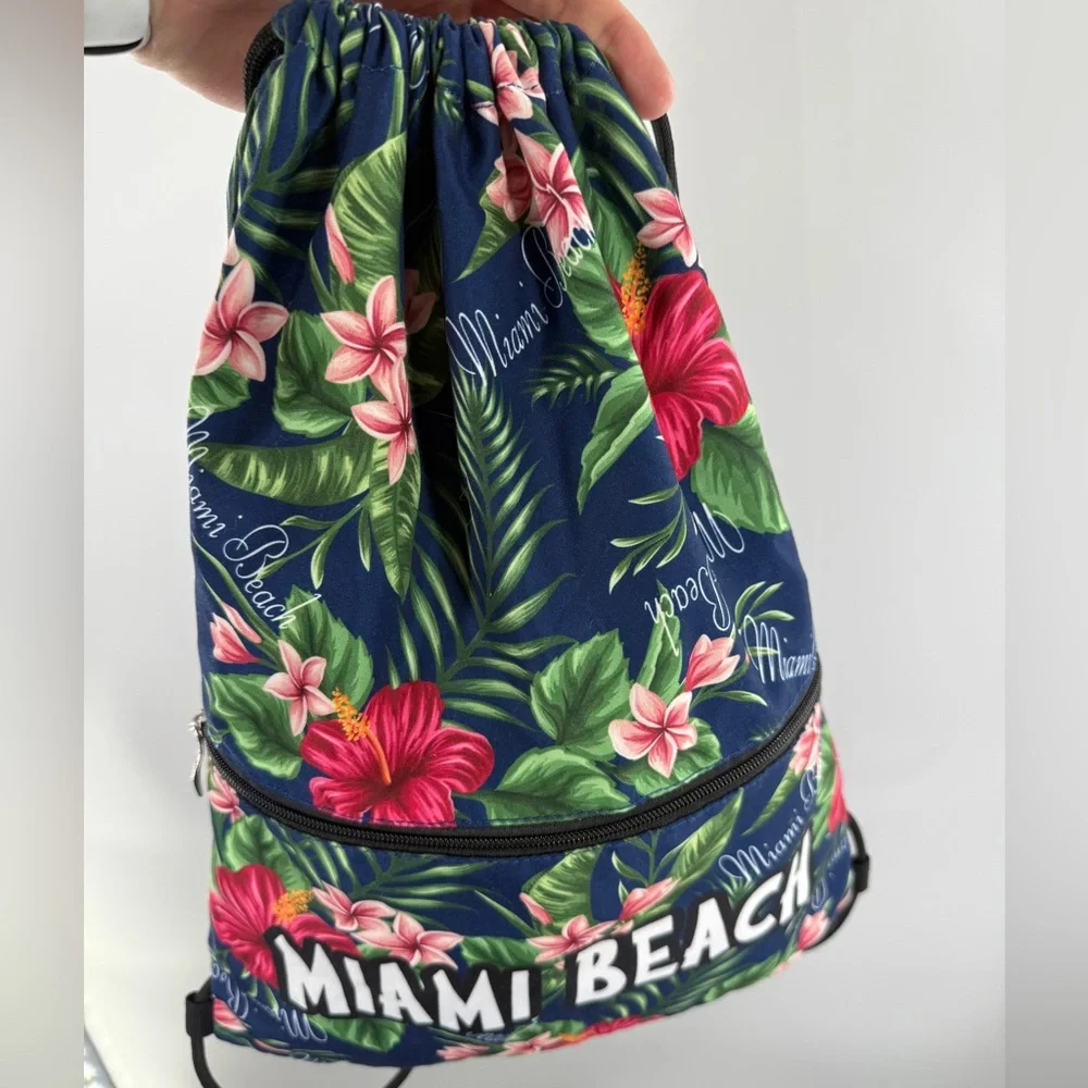 EUC Lucky 7 Tropical Print Miami Beach Drawstring Backpack