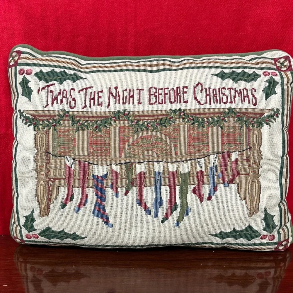 Vintage pillow tapestry ‘Twas the night before Christmas’ green cream stockings