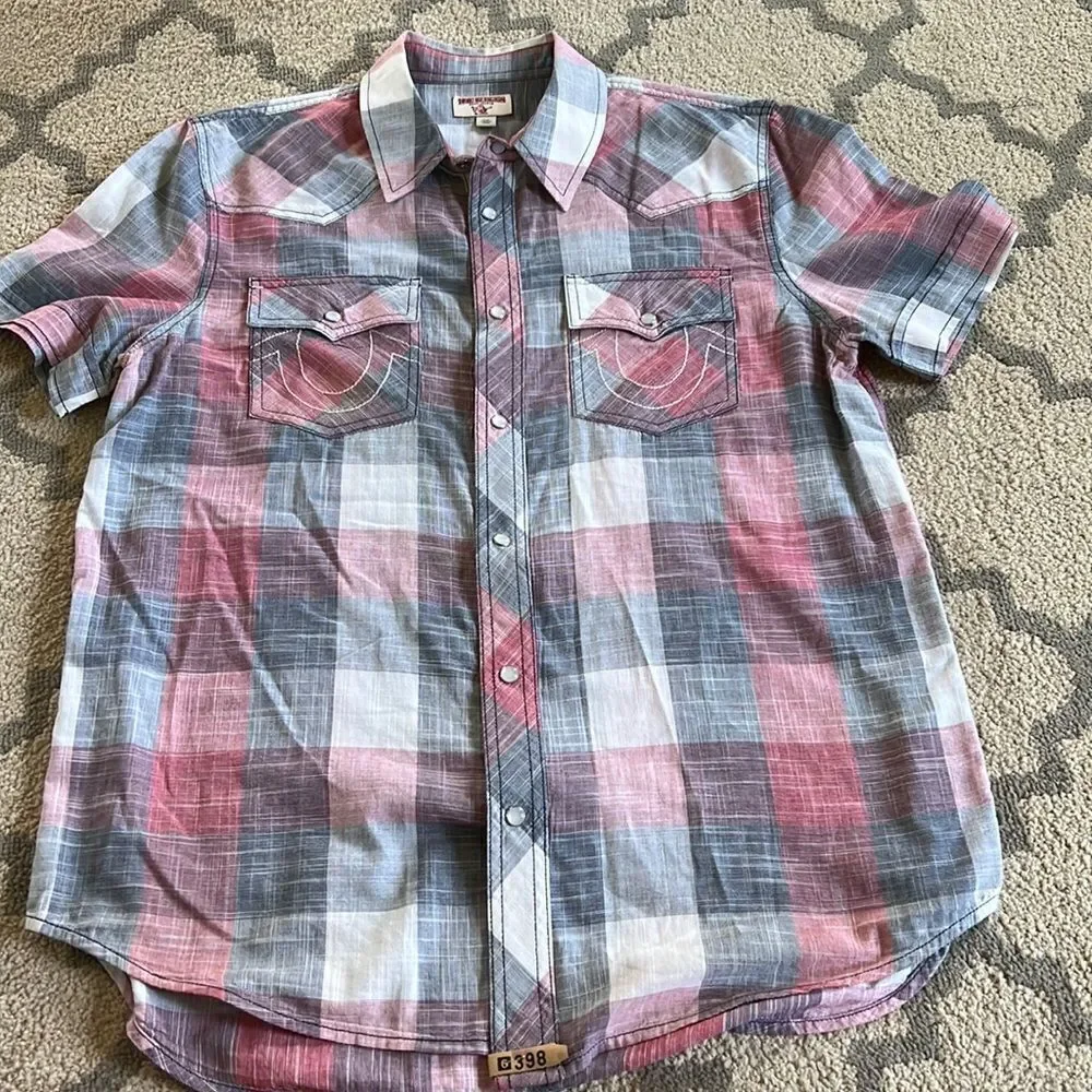 True Religion Western Woven Short Sleeve Button Shirt size L EUC
