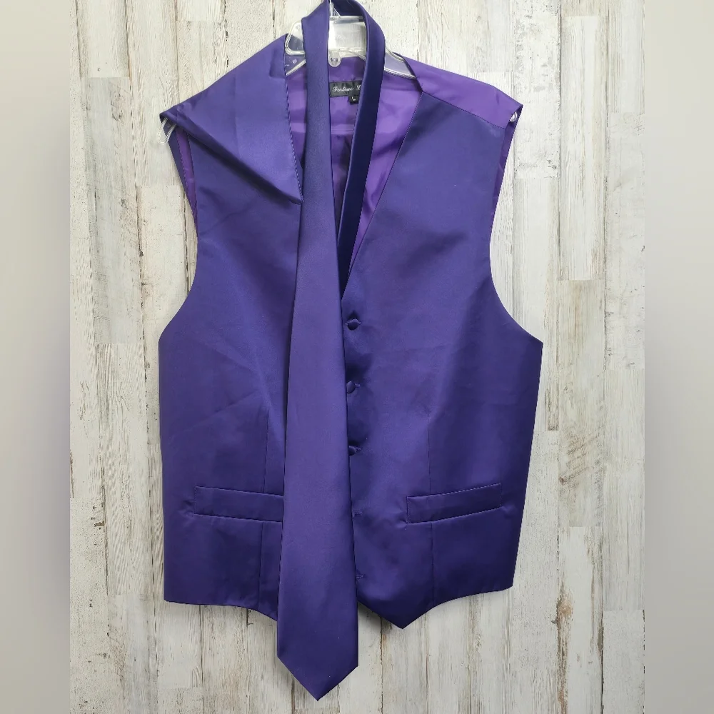 Fortino Landi Large Purple Tuxedo Suit Vest Tie Handkerchief Wedding Church Prom