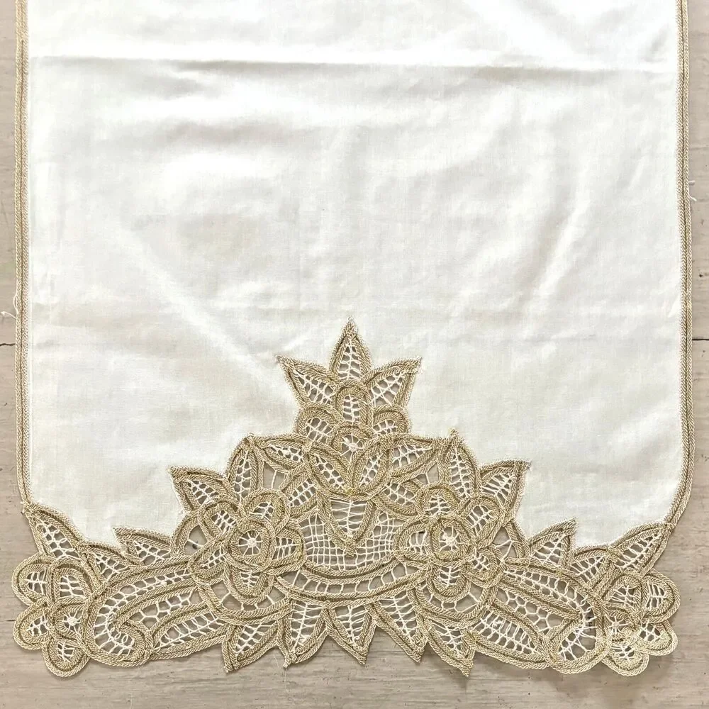 Holiday Gold Metallic Lace Table Runner Battenberg Floral 17x60