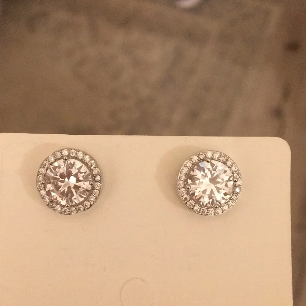 Cubic Zirconia Crystal Halo Silver Stud Earrings