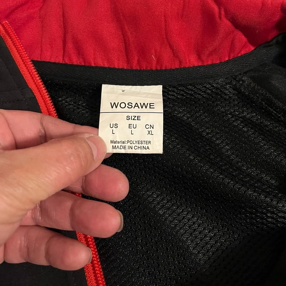 Wosawe Black Red Cycling Long Sleeve Zipper Closure Pocket Reflective Jacket L