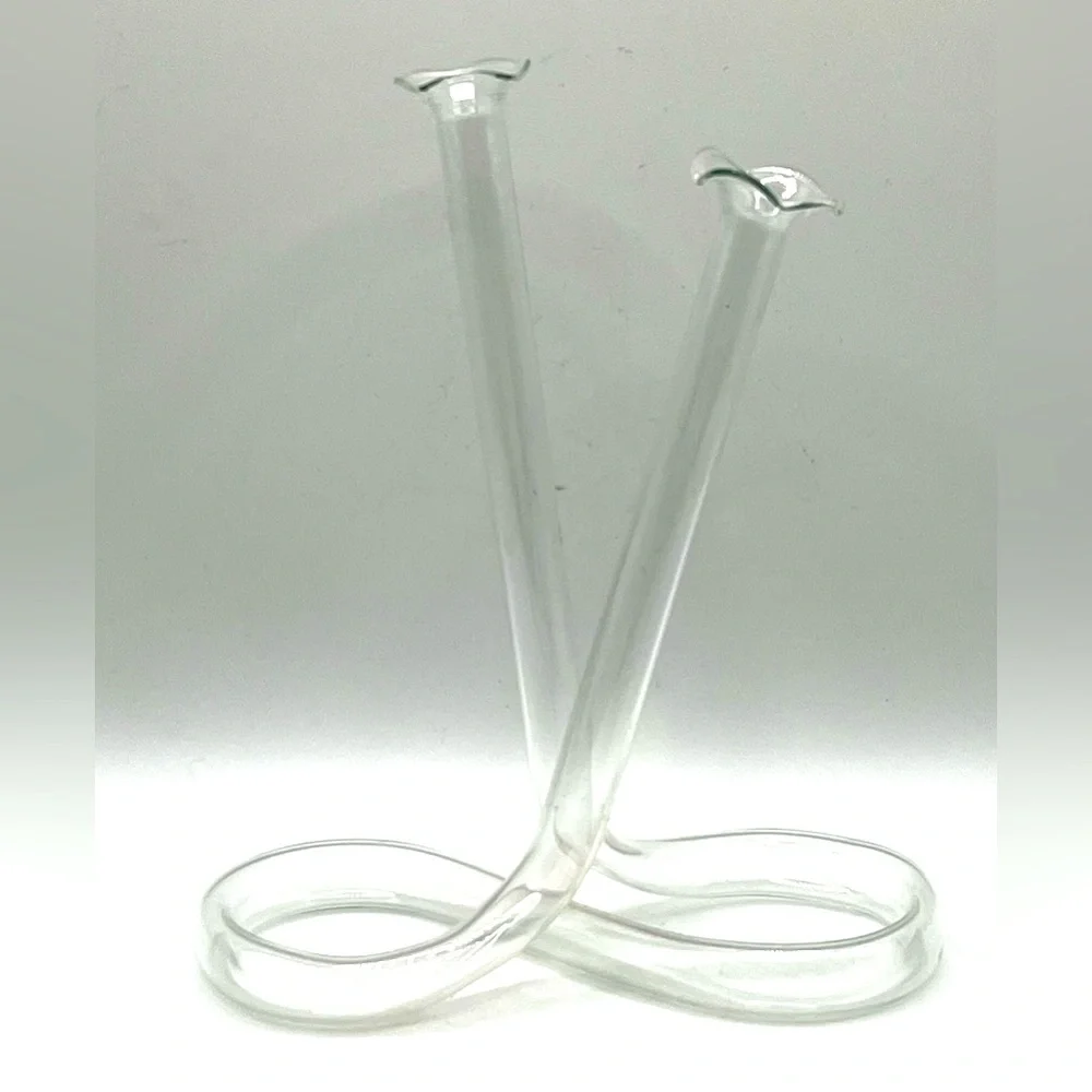 VTG Hand Blown Infinity Tube Clear Glass Double Bud Vase Ruffled Edges MCM