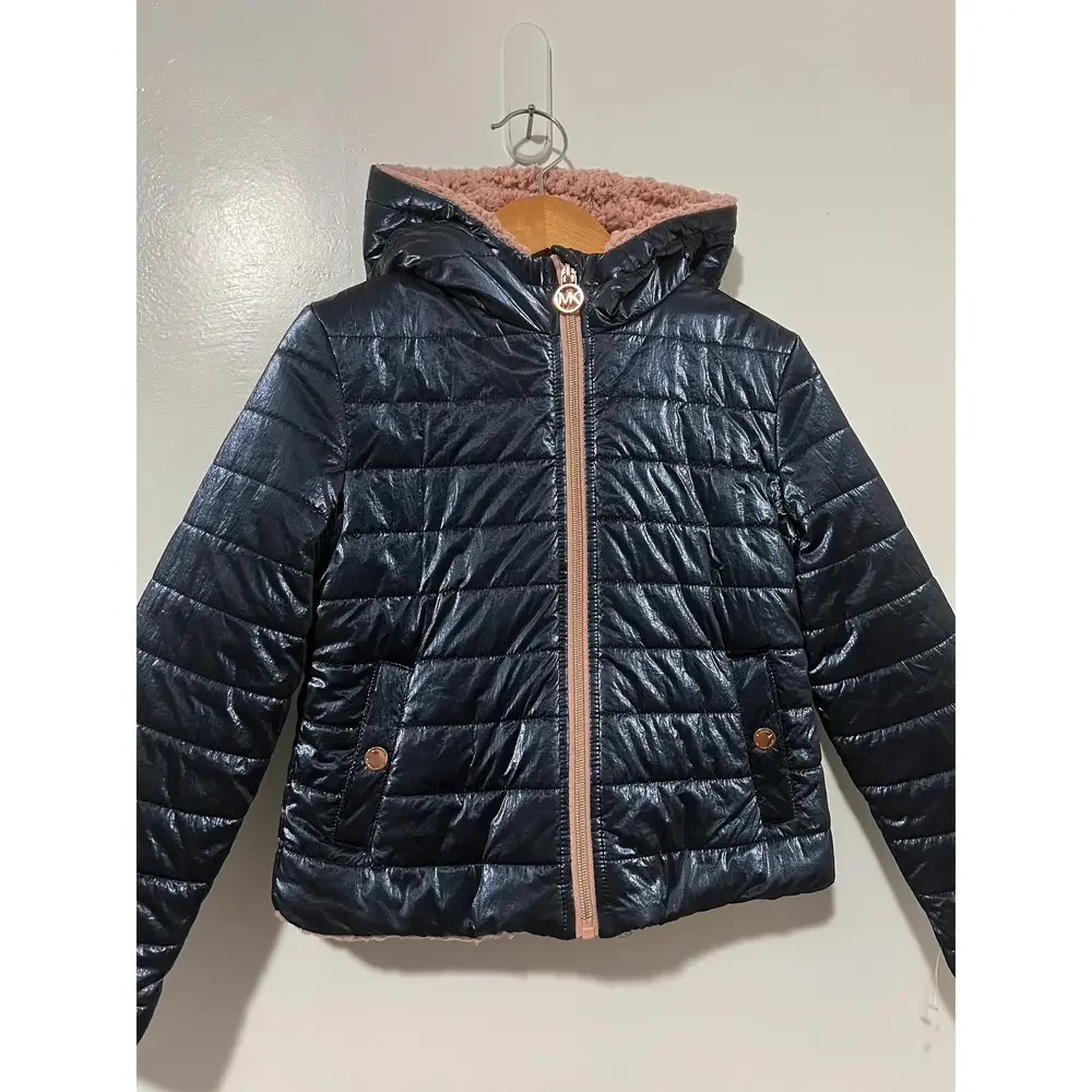 Michael Kors Girls Blue/Rose Gold Faux Fur Lined Puffer Jacket Size 6