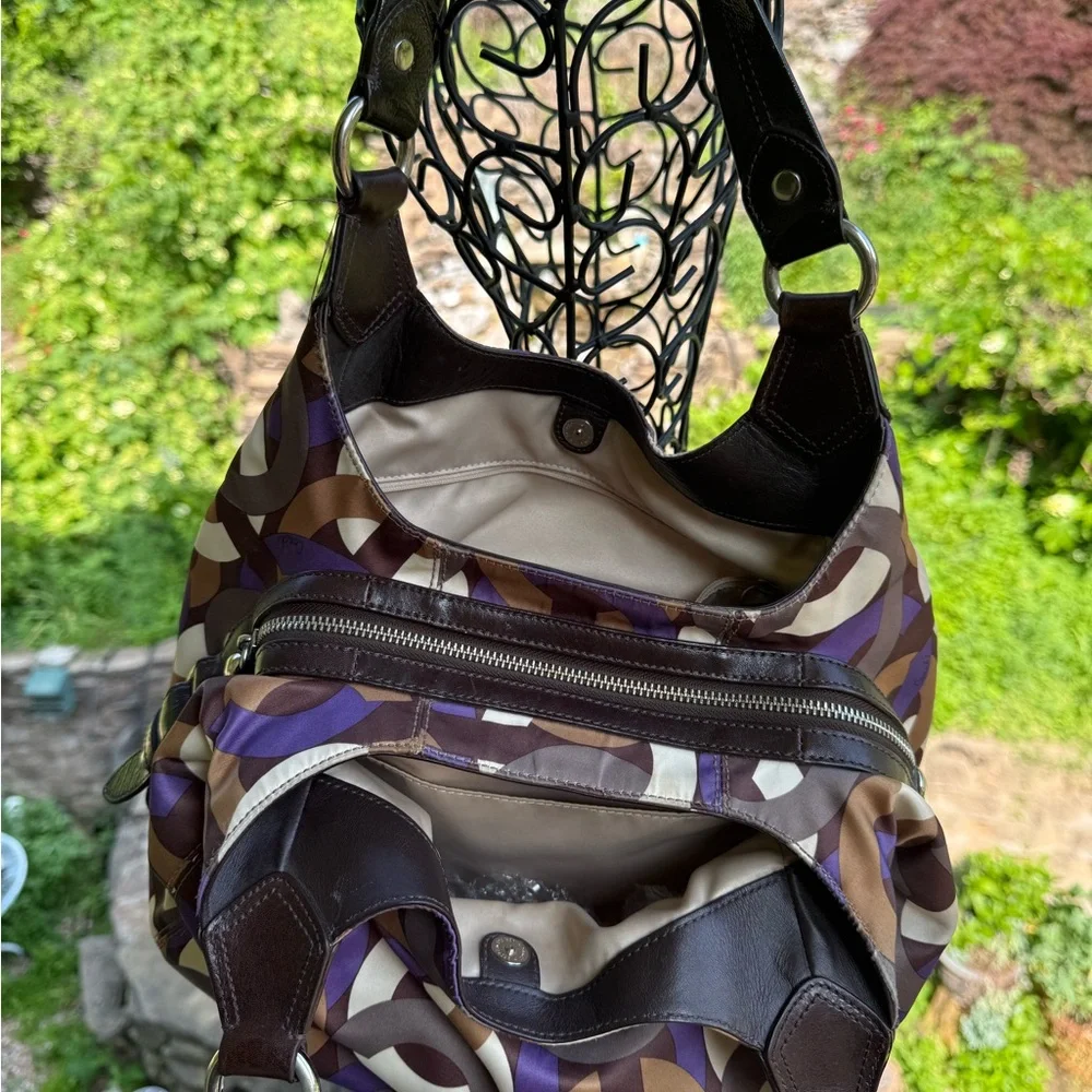 Coach Optic Legacy Hobo Shoulder Bag – Brown, Cream, & Purple Print