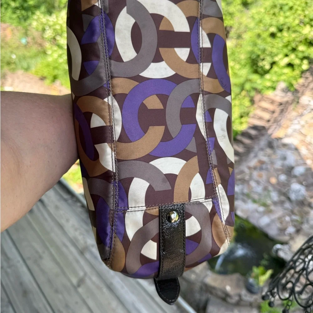 Coach Optic Legacy Hobo Shoulder Bag – Brown, Cream, & Purple Print