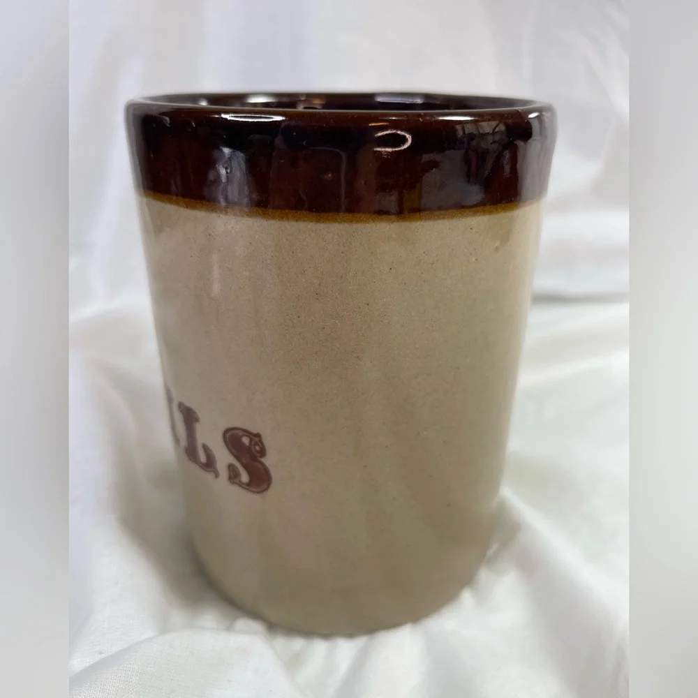 Vintage Monmouth Pottery USA Utensil Holder Crock Stoneware Brown Maple Leaf