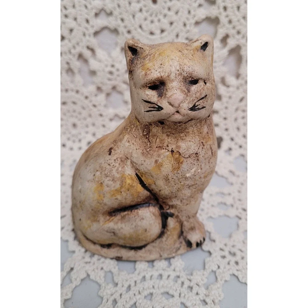 Chalk Ware brown cat with black markings 4 in Tall