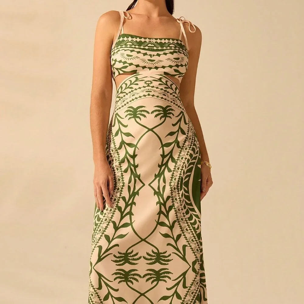 Green Boho Women's Coconut Print Hollow Waist Back Binding Sleeveless Dress
