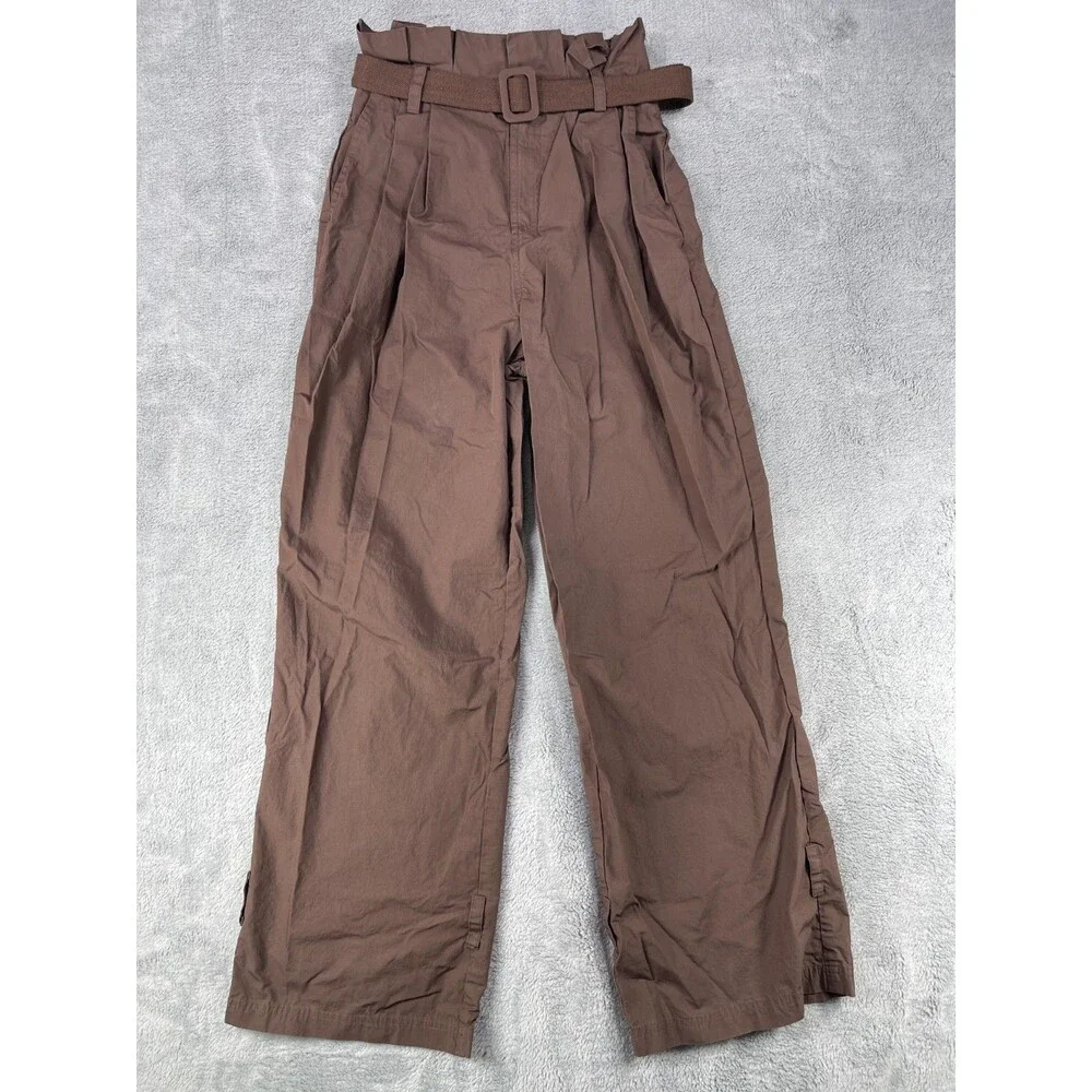 L'Academie Pants Womens Small Brown Cotton High Rise Wide Leg Slash Pockets