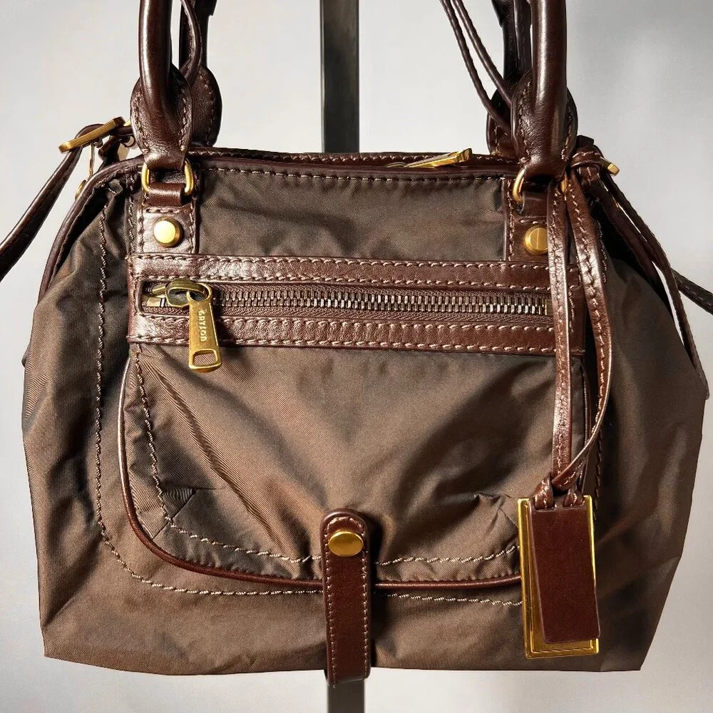 NWOT GRYSON Brown Nylon Sky purse fully lined in suede with leather details.