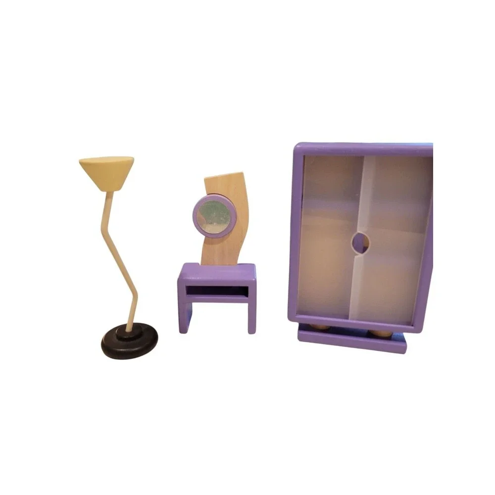 Plan Toys - Wooden Dollhouse Furniture Lot - Bedroom Wardrobe Vanity Lamp