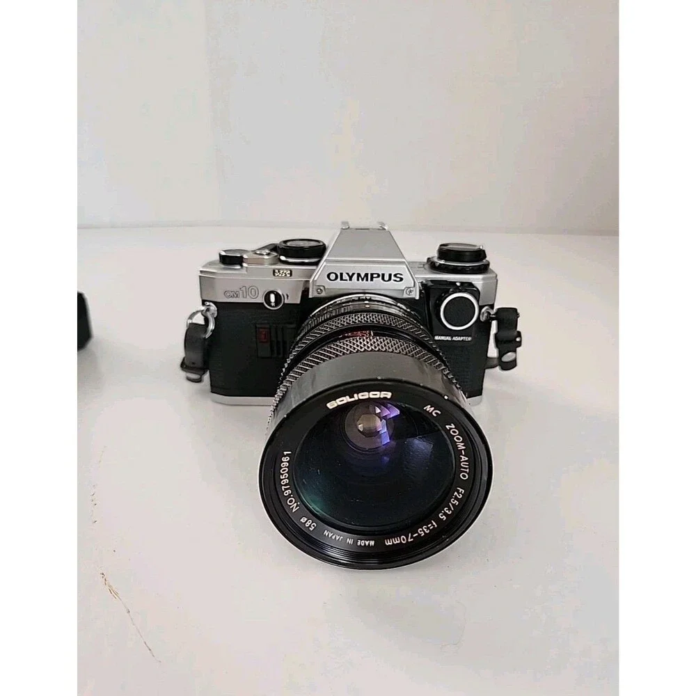 Vintage Olympus OM-10 35mm film Camera Soligor 70mm F2.5/3.5 Lens And winder