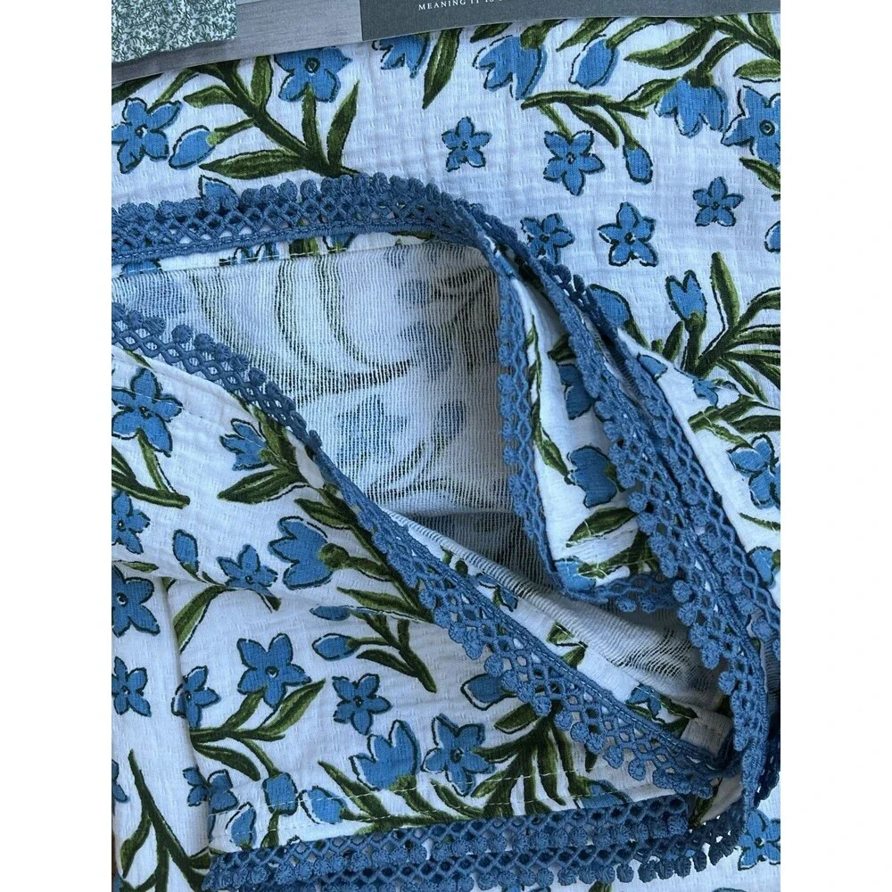 Boundary Shower Curtain Elegant Cotton Texture White Blue Flowers Blue Trim New