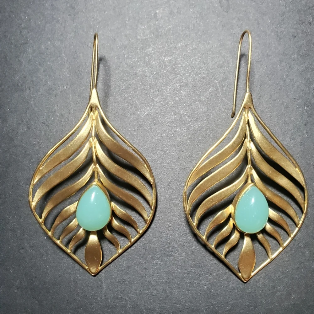14K GOLD PLATED Handcrafted Leaf Shaped with Turquoise Glass Teardrop