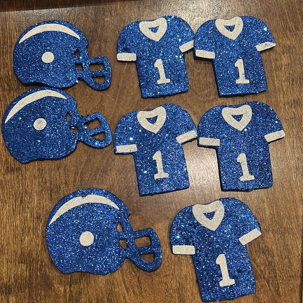 Homecoming 8 Assorted Royal Blue & White Glitter Football Mum & Garter Toppers