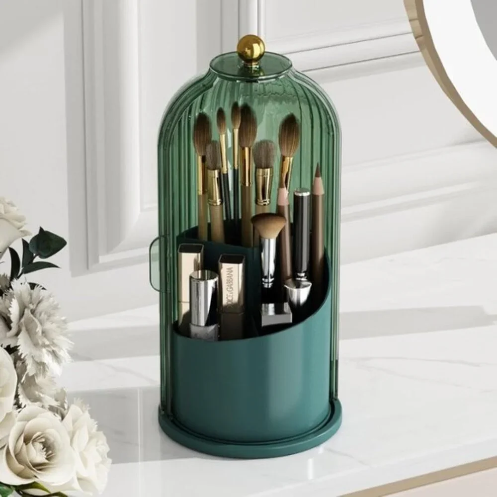 360° Rotating Makeup Brush Holder with Lid, Dustproof Vanity Organizer - Green