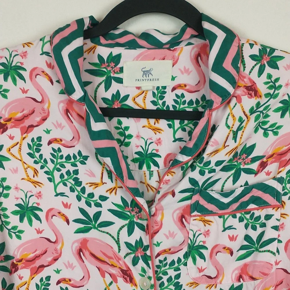 Printfresh Flock of Flamingos Pajama Top Womens XS Viscose Short Sleeve Button