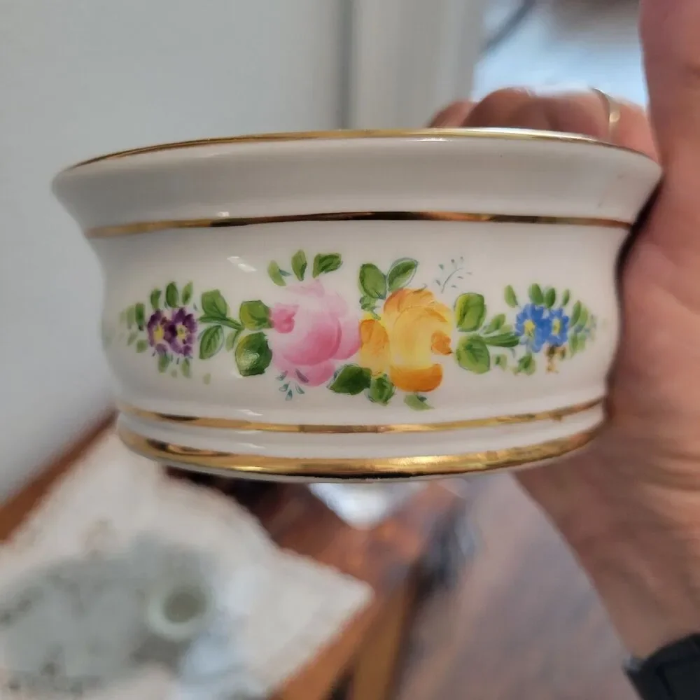 French Antique Porcelain Gilded 3 Quill Round Inkwell Jar Victorian Romantic