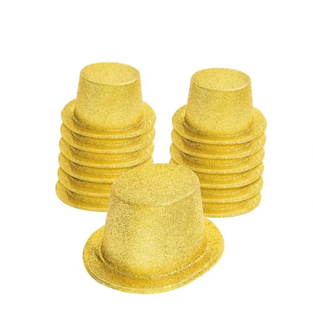 Hillban 12 Pc Top Hats, Glitter Plastic Retro Party Hats, Metallic Gold, NEW