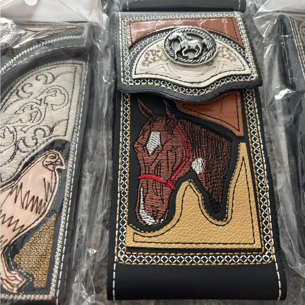 Western Cowboy/Charro Vinil and leather Cellular Phone case Rooster, Horse/Bull