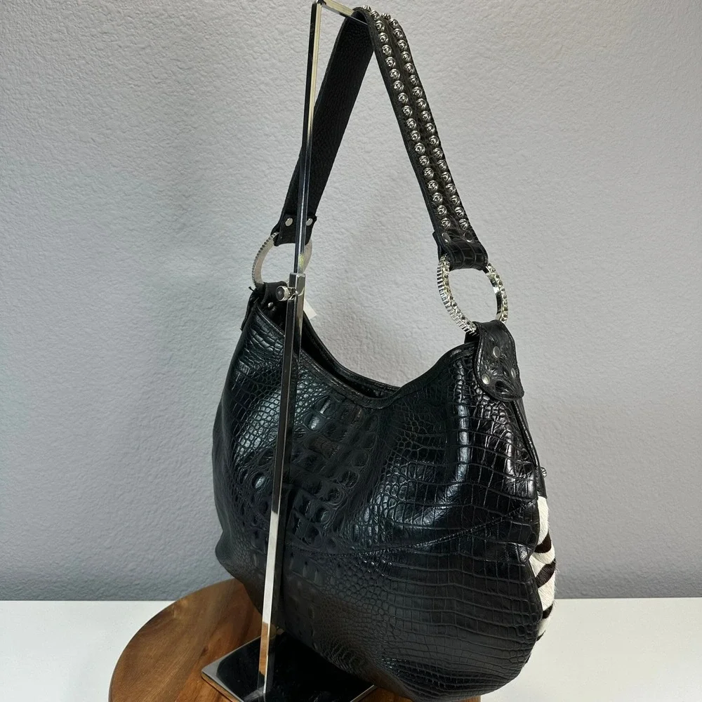 Raviani Leather Zebra Fur Hobo Bag Rhinestone Gems Purse Shoulder Bag Western