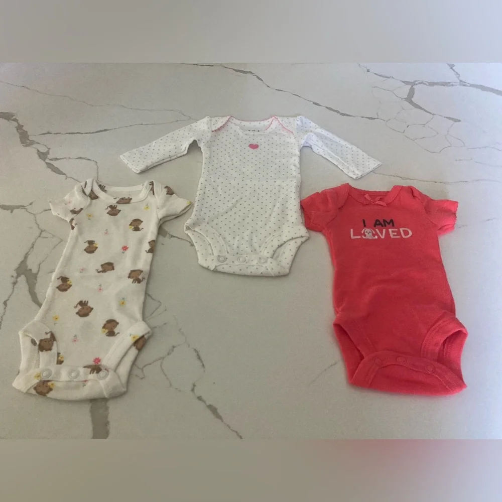 Baby girl carters 3 onesies premie pink white polka dot heart I am loved monkey