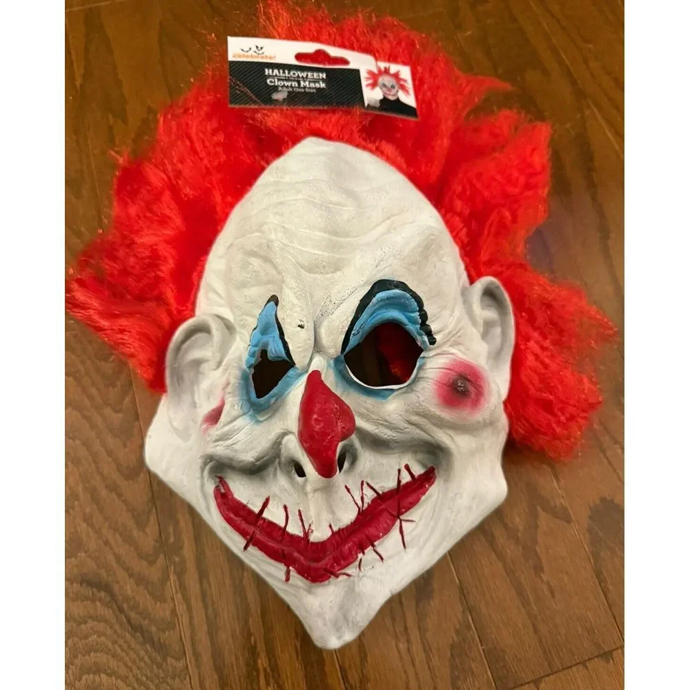 Halloween Clown‎ Mask Latex Creepy Scary + Attached Red Wig Adult One Size NEW!