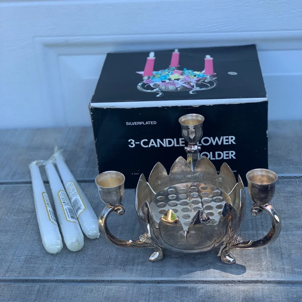 Vintage Brass Lotus 3 Arm Candelabra W/Flower Bowl & Candles/Holder Sliverplated