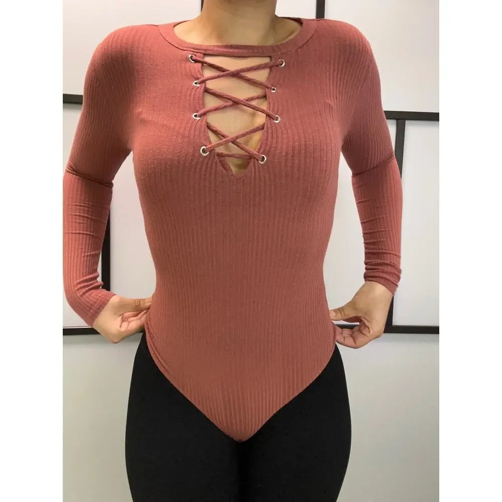 Bodysuit long sleeve with tie detail in front size XS