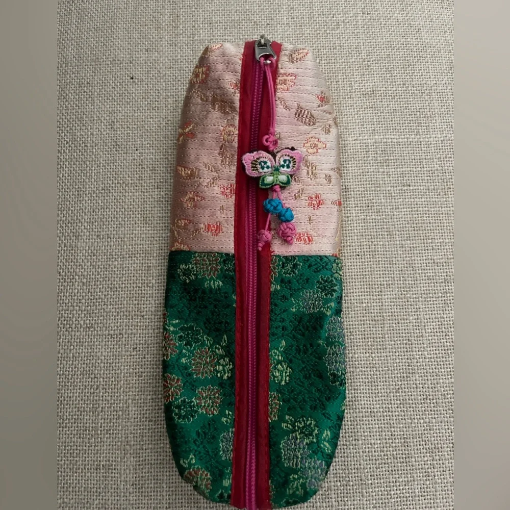 NEW SATIN PENCIL POUCH WITH BUTTERFLY CHARM